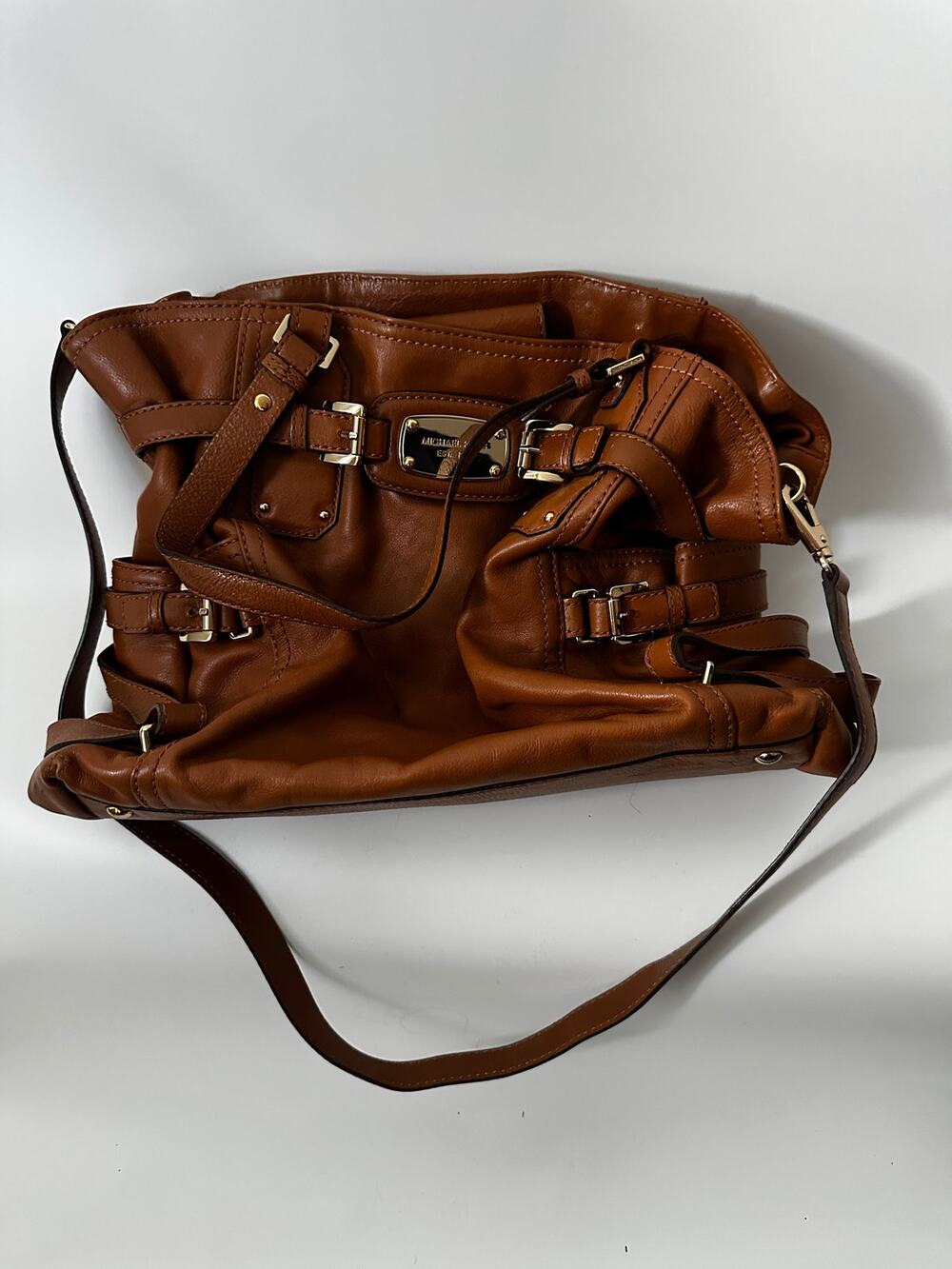 Michael Kors Brown Leather Belted Satchel Shoulder Bag Gold Hardware